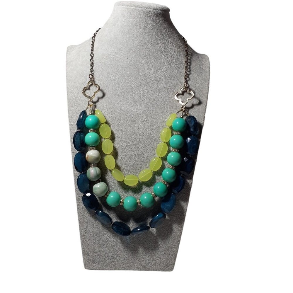 Chunky Statement Necklace 3 Strands Green Blue Aqua Beads and Rhinestones